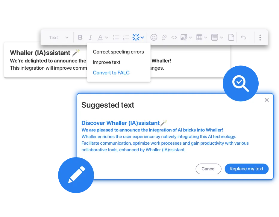 Writing assistance with Whaller (IA)ssistant – correct and improve text